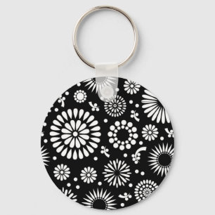 Chaveiro Flores boho Padrão floral vetorial preto e branco