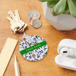 Chaveiro Flores Coloridas, Fundo Azul, Verde