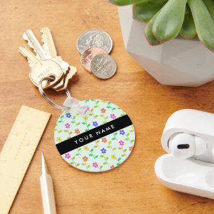 Chaveiro Flores Coloridas, Fundo Verde Claro, Preto