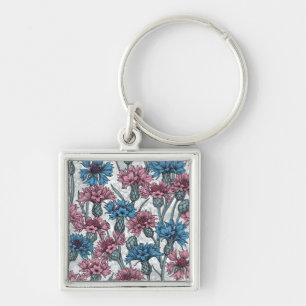 Chaveiro Flores cor-de-rosa e azuis, flores silvestres, bra