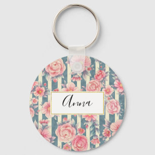 Chaveiro Flores de Aquarela Rosa em Stripes
