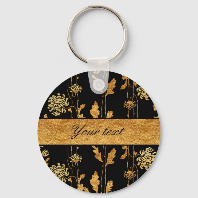 Chaveiro Flores de Folha de Ouro Chic Faux em Preto (Frente)