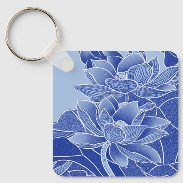 Chaveiro Flores de Lotus Azul Elegantes Mandala Chinoiserie (Frente)