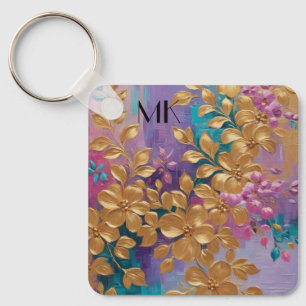 Chaveiro Flores De ouro Pintadas Na Turquesa Lilática Rosa