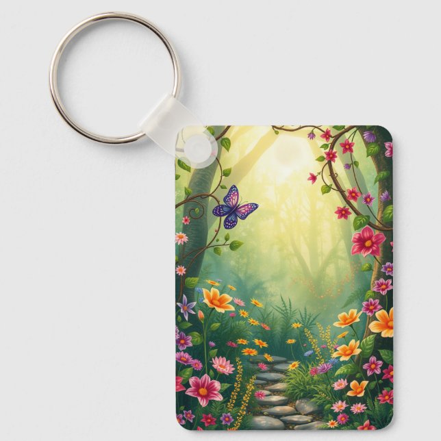 Chaveiro Flores e borboleta numa Floresta Tropical Encantad (Frente)