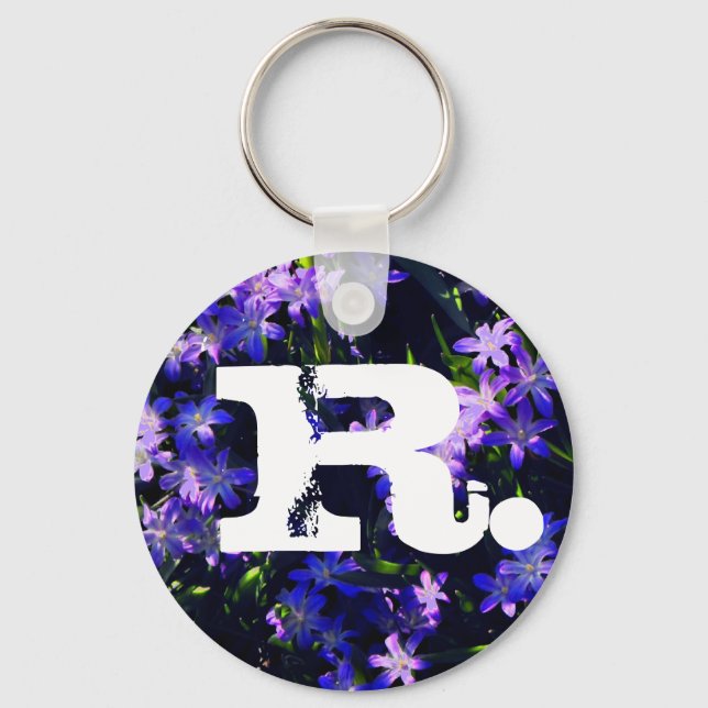 Chaveiro Flores e Monograma de Mola Azul Roxo (Frente)