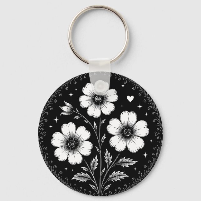 Chaveiro Flores Góticas Pretas e Brancas (Frente)