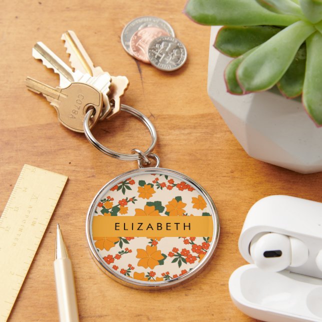 Chaveiro Flores Laranja, Padrão De Flores, Seu Nome (Mesa)