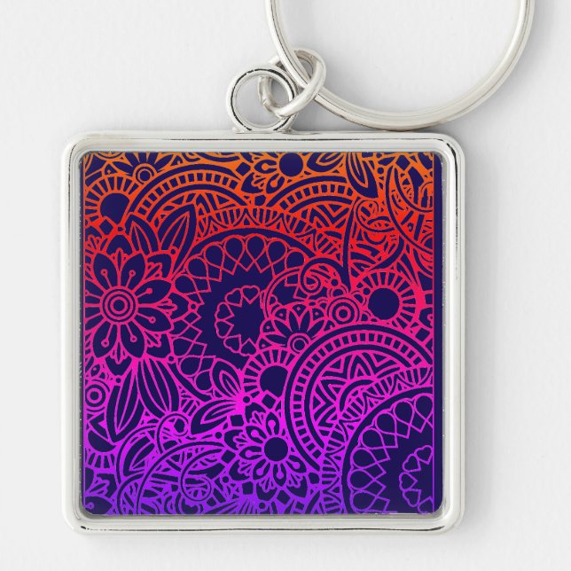 Chaveiro Flores Laranja Roxo e Fundo Azul Marinho (Frente)
