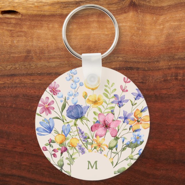 Chaveiro Flores Selvagens Coloridas Boho com Monograma (Frente)
