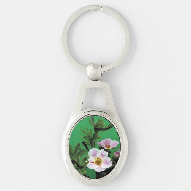 Chaveiro flores silvestres de rosa rosa em verde. (Frente)