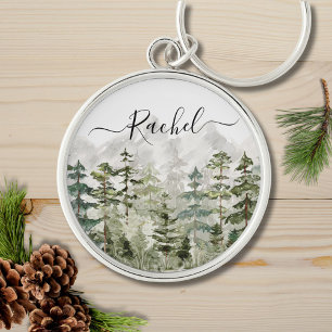 Chaveiro Floresta de Pinheiros Verde em Montanha com Aquare