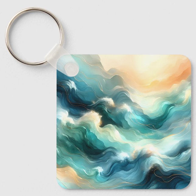 Chaveiro Fluxo Dourado do Oceano Ondas Abstratas (Frente)