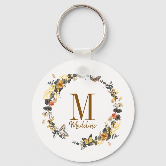 Chaveiro Folhagem de Ouro de Monograma Personalizado (Frente)