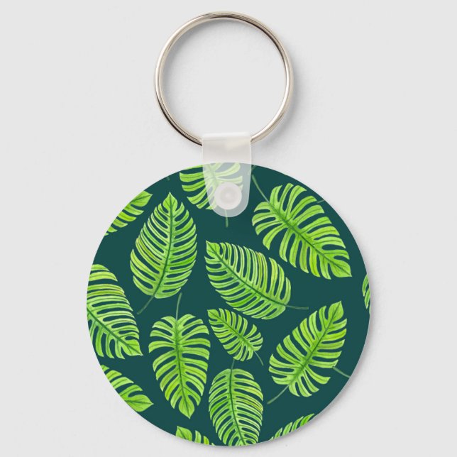 Chaveiro Folhas de Monstera, padrão de aquarela tropical (Frente)