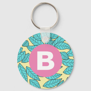 Chaveiro Folhas de Teal Padrão Botânico Monograma Rosa Bril