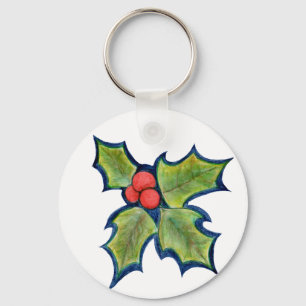 Chaveiro Folhas do azevinho do Natal, bagas vermelhas