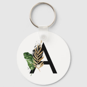 Chaveiro Folhas Tropicais Faux Gold Foil - Letra A Monogram