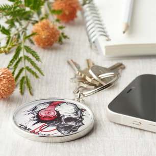 Chaveiro Fones de ouvido vermelhos Rhythmic Skull Dark Art