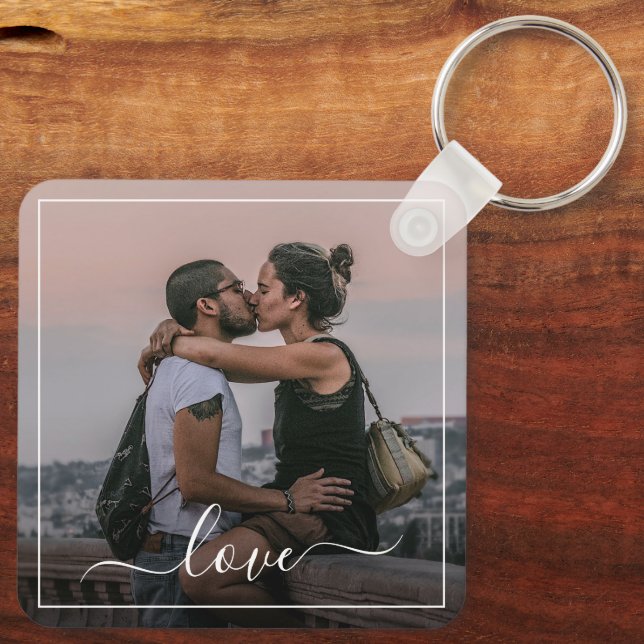 Chaveiro Foto de casal elegante com texto de citação de amo (Verso)