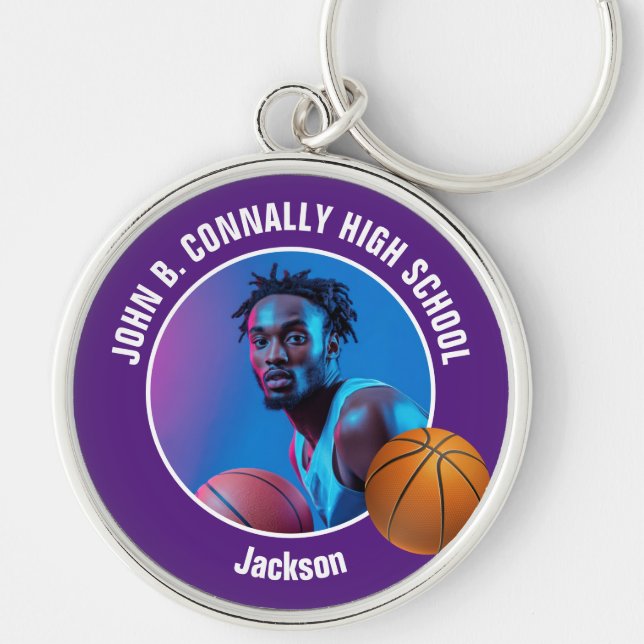 Chaveiro Foto de jogador de basquete roxo Espírito de escol (Frente)