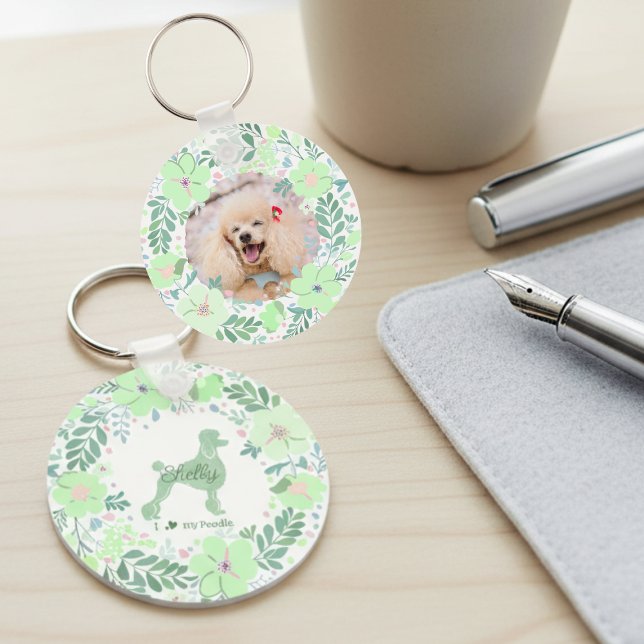 Chaveiro Foto de Poodle Personalizada com Coroa Floral Verd (Criador carregado)