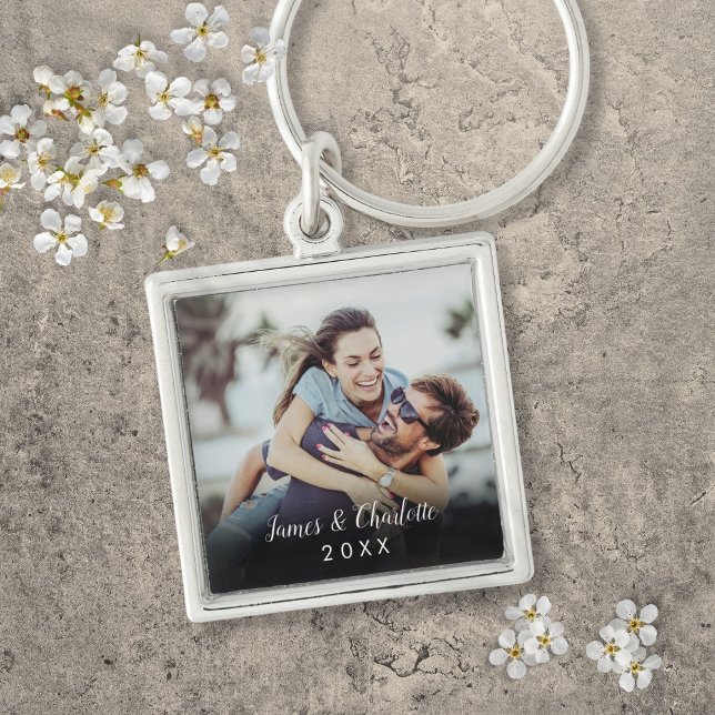 Chaveiro Foto de Script Elegante Moderno Simples Personaliz (Personalized Simple Modern Elegant Script Photo Keychain)
