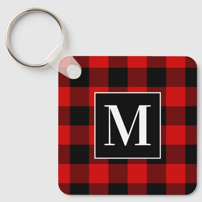 Chaveiro Foto de Xadrez Búfalo Vermelho e Preto Monogramada (Frente)