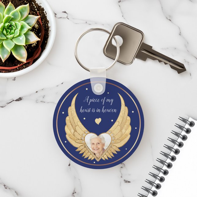 Chaveiro Foto: Ouro de anjo e mensagem personalizada (Photo Memorial Golden Angel Wings & Custom Message Keychain)