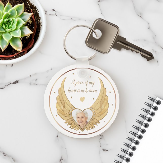 Chaveiro Foto: Ouro de anjo e mensagem personalizada (Photo Memorial Golden Angel Wings & Custom Message Keychain)