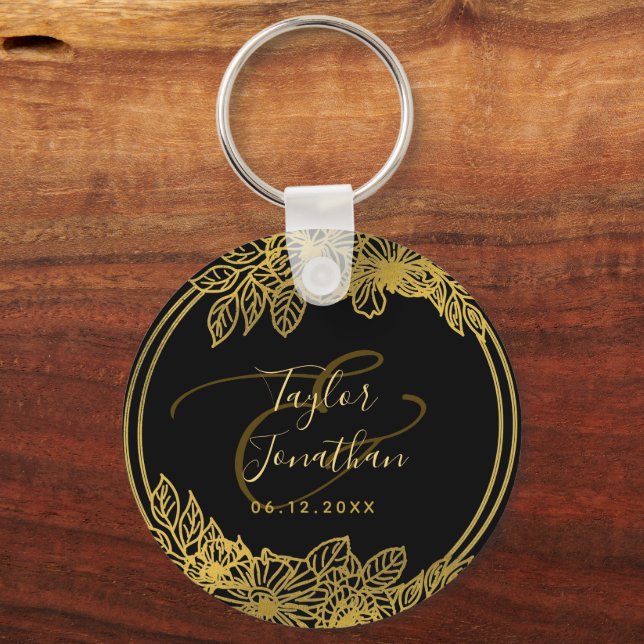 Chaveiro Foto Personalizada: Casamento Chic Dourado Flores  (Frente)