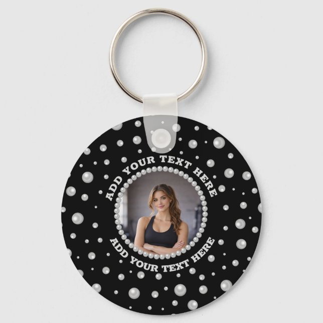 Chaveiro Foto Personalizada com Círculo de Pérolas em Preto (Frente)