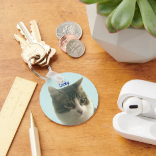 Chaveiro Foto personalizada de gato malhado em azul claro