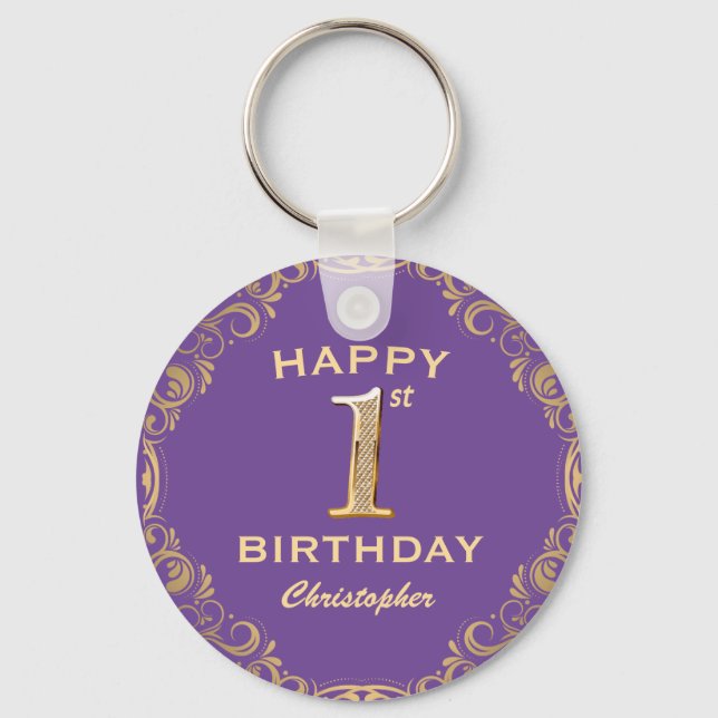 Chaveiro Frame de Glitter Roxo e Dourado do primeiro aniver (Frente)