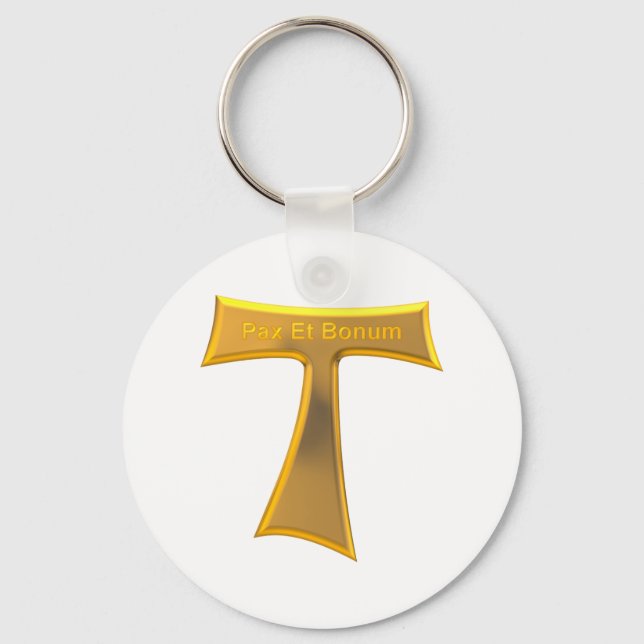 Chaveiro Franciscan Tau Cross Pax Et Bonum Dourado Metálico (Frente)