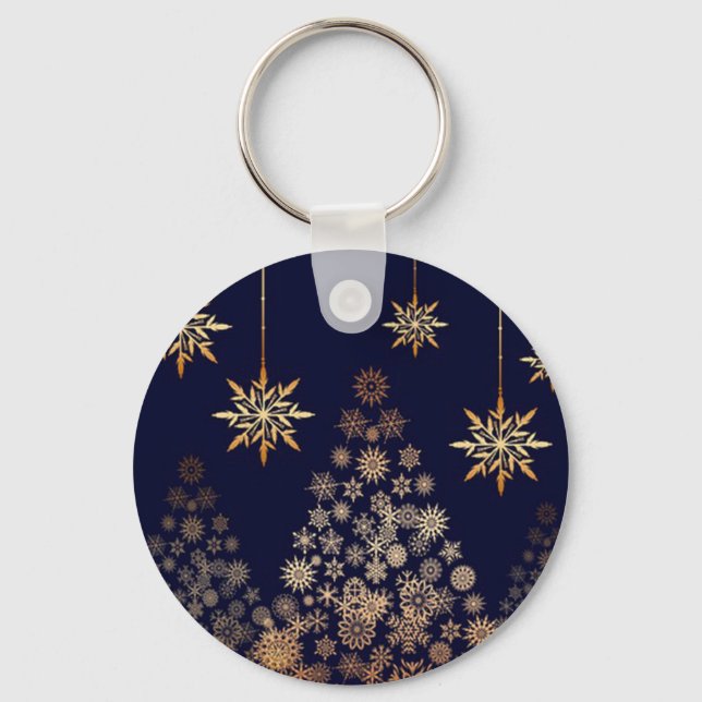 Chaveiro Fundo Azul com Árvore de Natal Ouro (Frente)