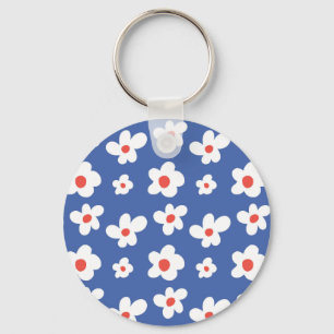 Chaveiro Fundo Azul com Flor de Margarida Branca e Vermelha