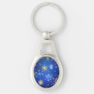 Chaveiro Fundo Azul XMAS com Flocos de Neve Ouro