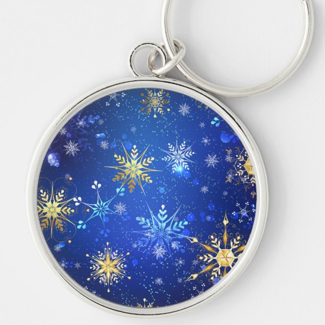 Chaveiro Fundo Azul XMAS com Flocos de Neve Ouro (Frente)