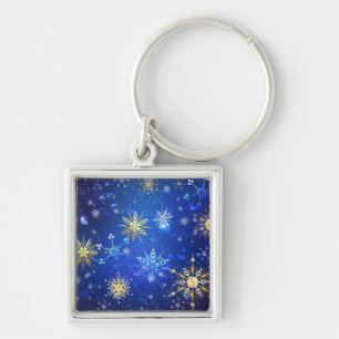 Chaveiro Fundo Azul XMAS com Flocos de Neve Ouro