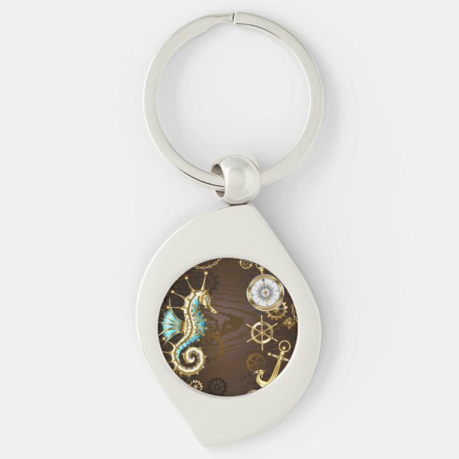 Chaveiro Fundo de madeira com cavalo de mar mecânico (Frente)