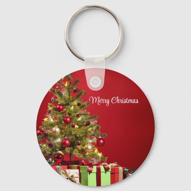 Chaveiro Fundo Vermelho com Árvore de Natal Decorativa (Frente)
