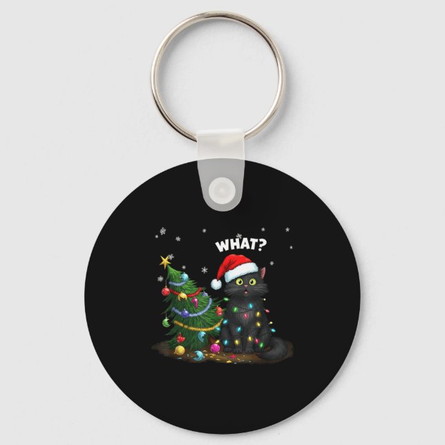 Chaveiro Funny Black Cat Pushing Christmas Tree  (Frente)