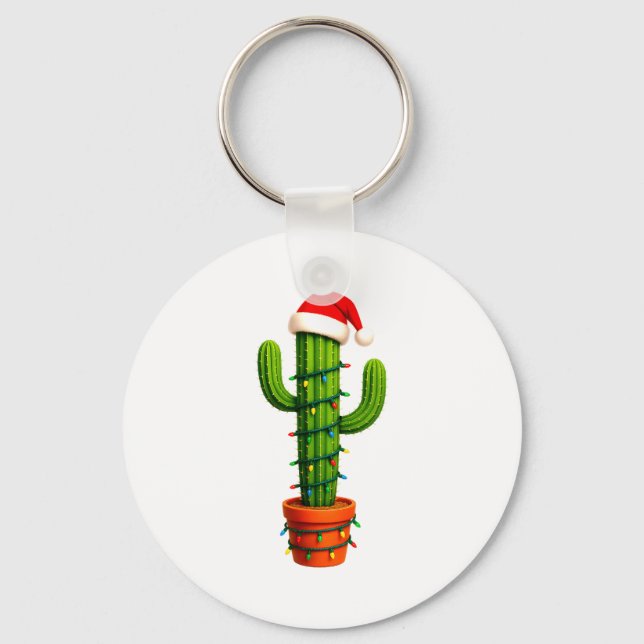 Chaveiro Funny Cactus Santa Hat Xmas Tree Lights Merry Chri (Frente)