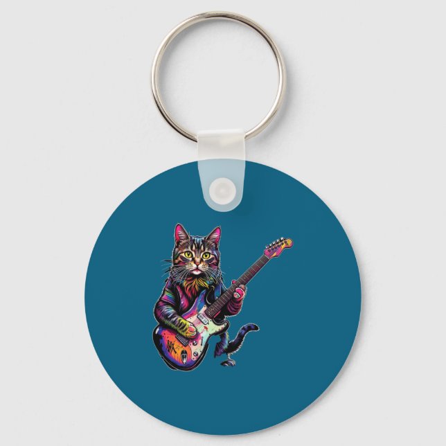Chaveiro Funny Cat Playing Guitar Rock And Roll Men Women K (Frente)