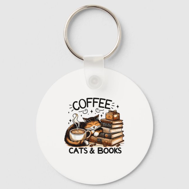 Chaveiro Funny Cute Coffee Cats Books Lover Women Men Kids  (Frente)