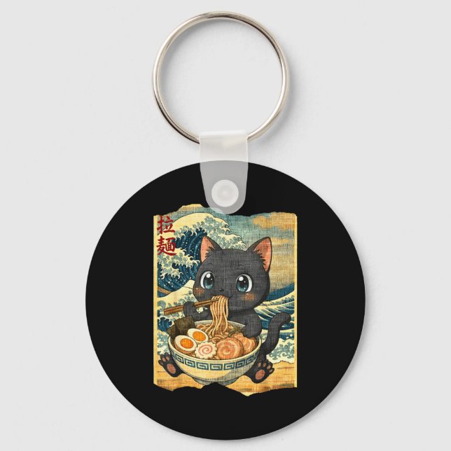 Chaveiro Funny Kawaii Black Cat Ramen Noodle Bowl Japanese  (Frente)