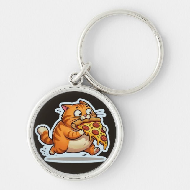 Chaveiro Funny Orange Cat Eating Pizza Graphic (Frente)