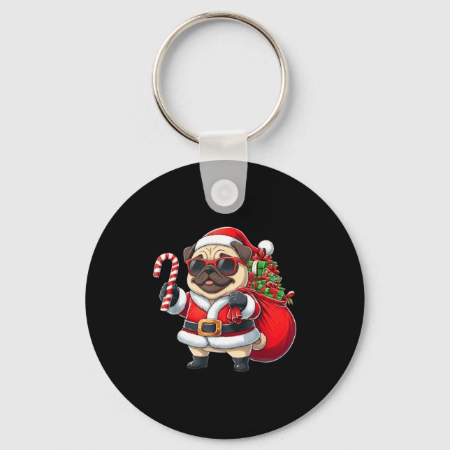 Chaveiro Funny Pug Christmas Santa Outfit Xmas Mom Dad Kids (Frente)