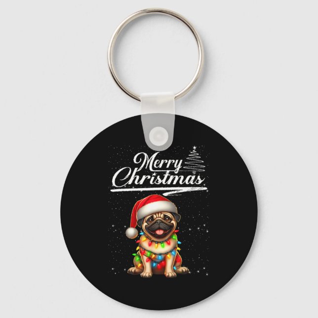 Chaveiro Funny Pug Dog Christmas Lights Santa Hat Candy Can (Frente)
